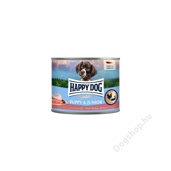 Happy Dog Supreme Sensible Puppy+Junior konzerv Lazac, csirke és burgonya 6x200 G