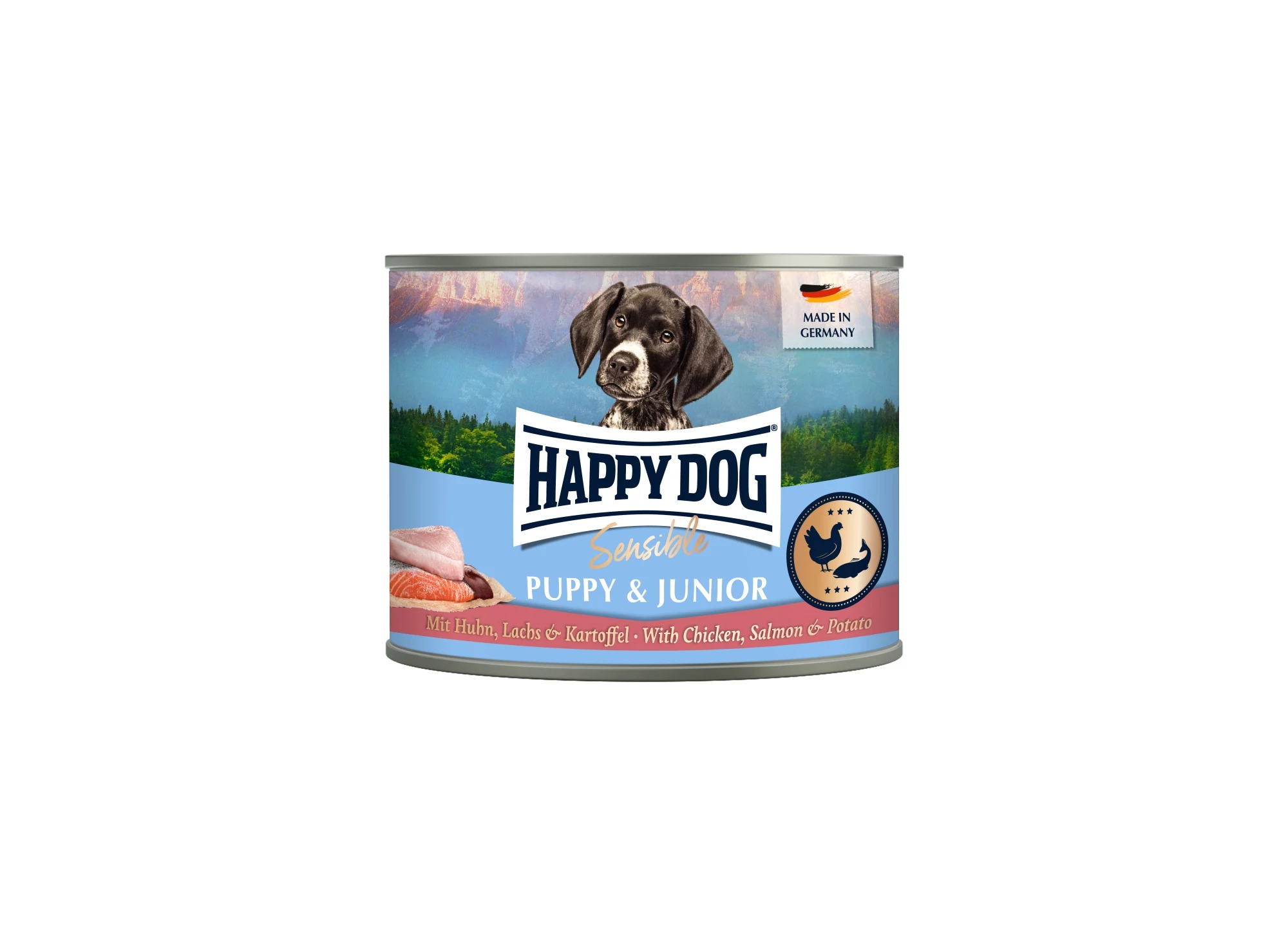 Happy Dog Supreme Sensible Puppy+Junior konzerv Lazac, csirke és burgonya 200 G